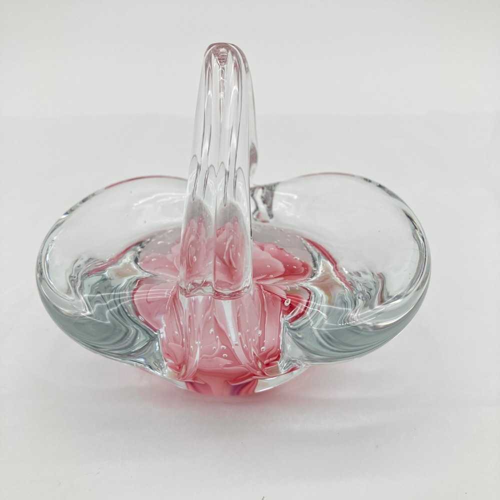 Vintage Art Glass Basket Paperweight 4in Pink Rose Hand Blown Clear Unbranded